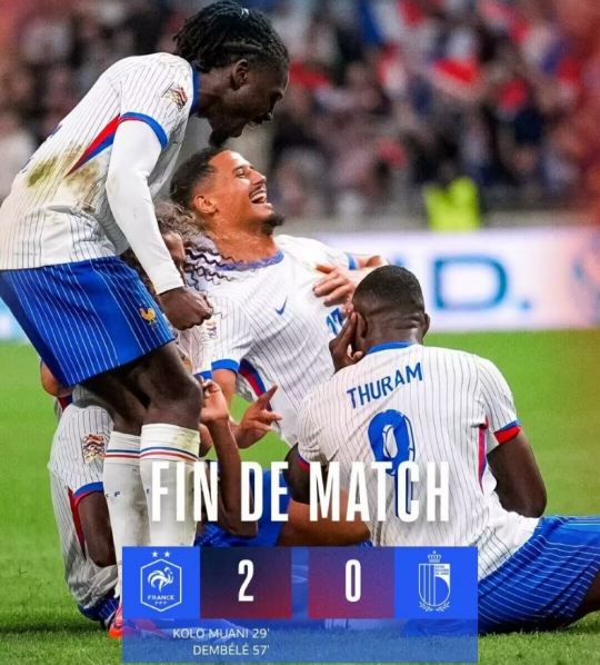 欧国联-法国2-0比利时 穆阿尼破门登贝莱建功