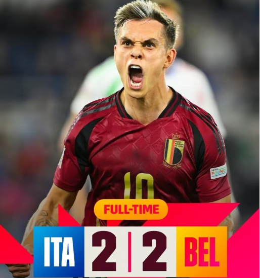 欧国联-十人意大利2-2比利时 佩莱格里尼飞铲染红特罗萨德破门