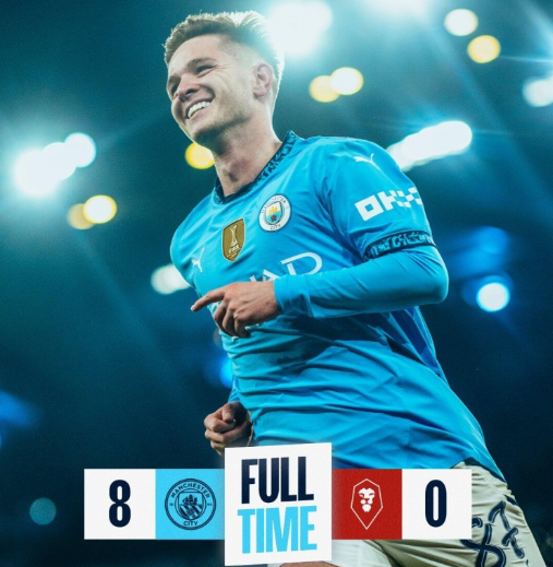 足总杯-曼城8-0狂胜索尔福德市，多库两传两射，麦卡特戴帽