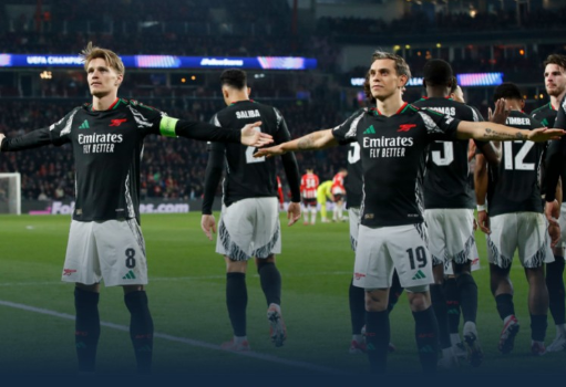 欧冠-阿森纳客场7-1埃因霍温，厄德高2射1传，梅里诺传射