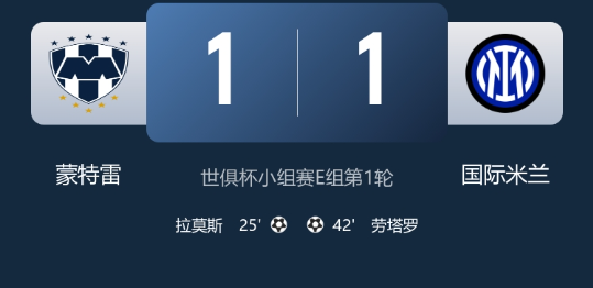 世俱杯-国米1-1蒙特雷 拉莫斯头槌破门 劳塔罗扳平