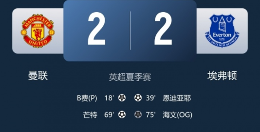 英超夏季赛-曼联2-2埃弗顿不败战绩夺冠 芒特兜射破门 B费传射